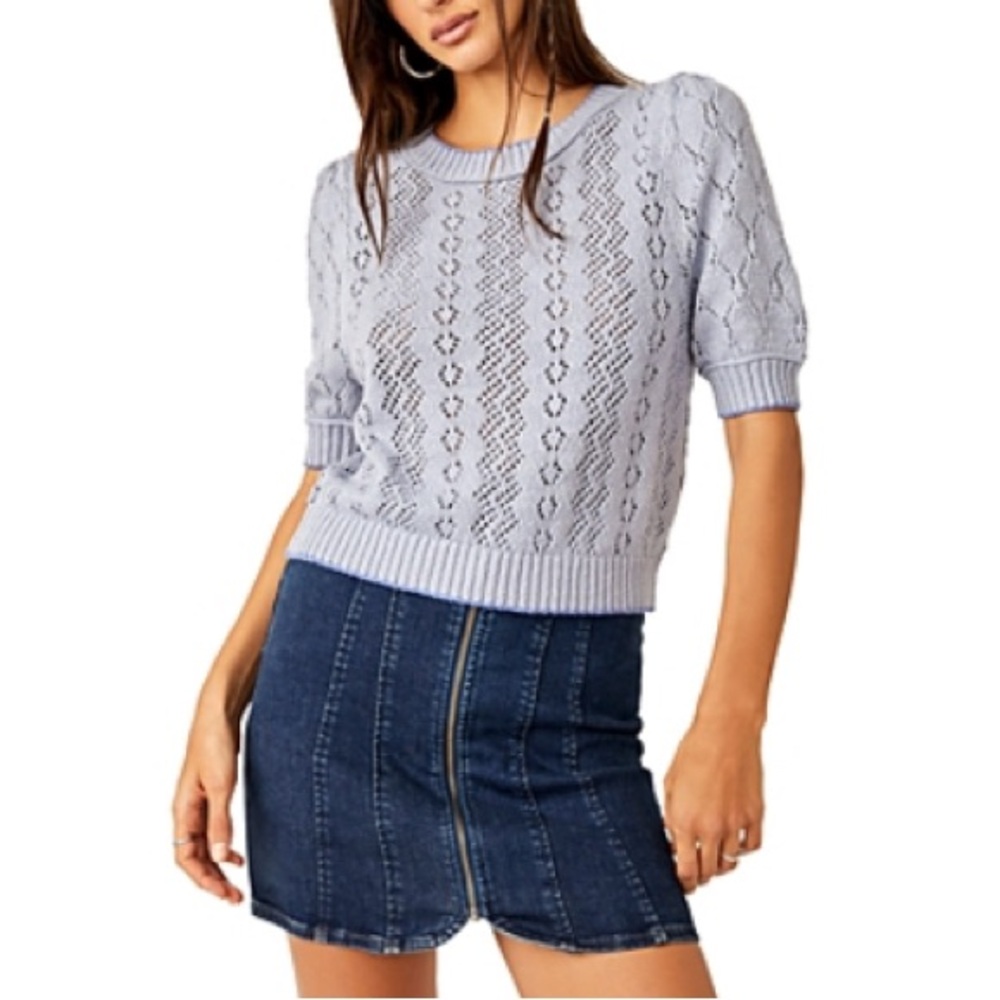 Free People Eloise Pullover Crop Knit Short Puff Sleeve Sweater Sz Small